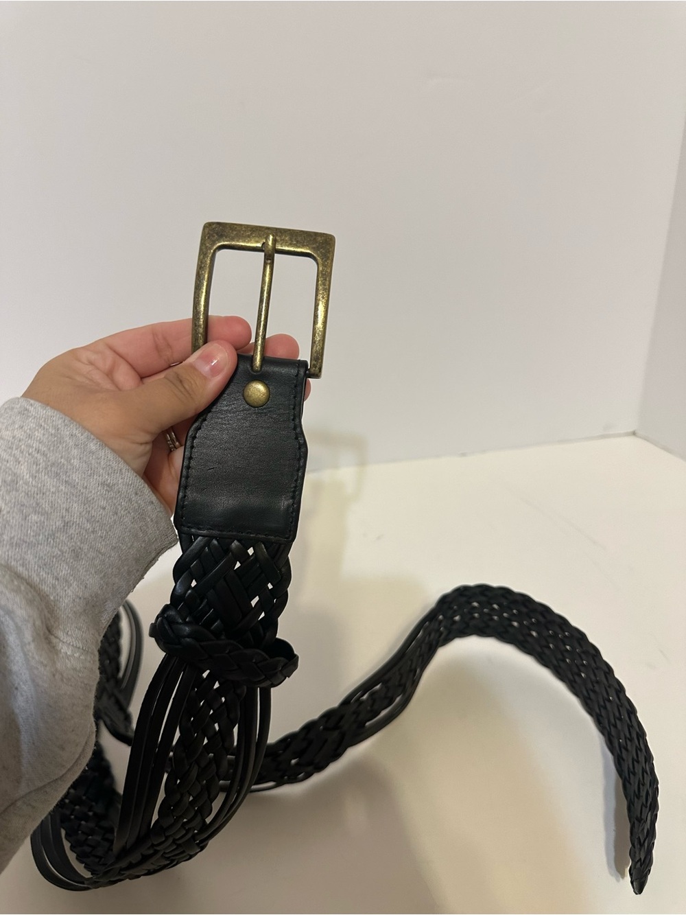 Women's Black Braided Leather Belt with Brass Buckle